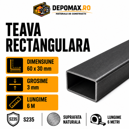 Teava rectangulara 60 x 30 x 3 mm, 6 metri